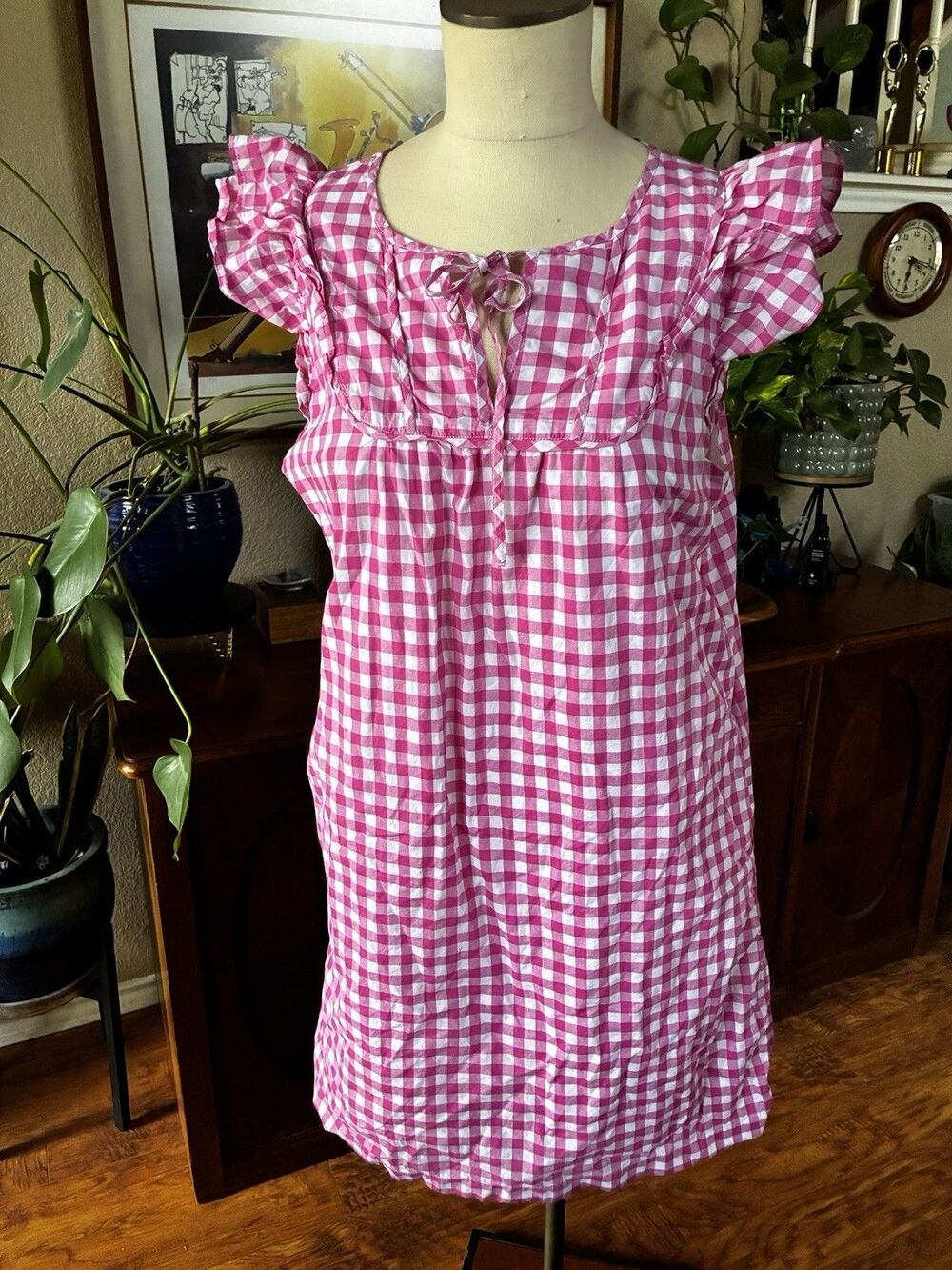 J Crew Womens Gingham Fluttered Ruffle Sleeves Dress Cottagecore Beach Sz 12